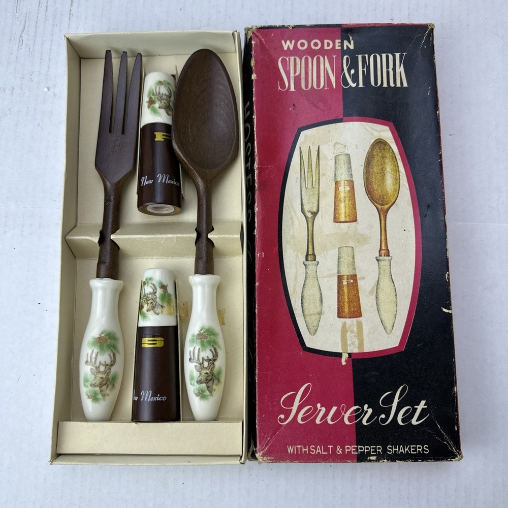 Deer Wood Spoon Fork Hostess Server Salt Pepper Shakers New Mexico Souvenir